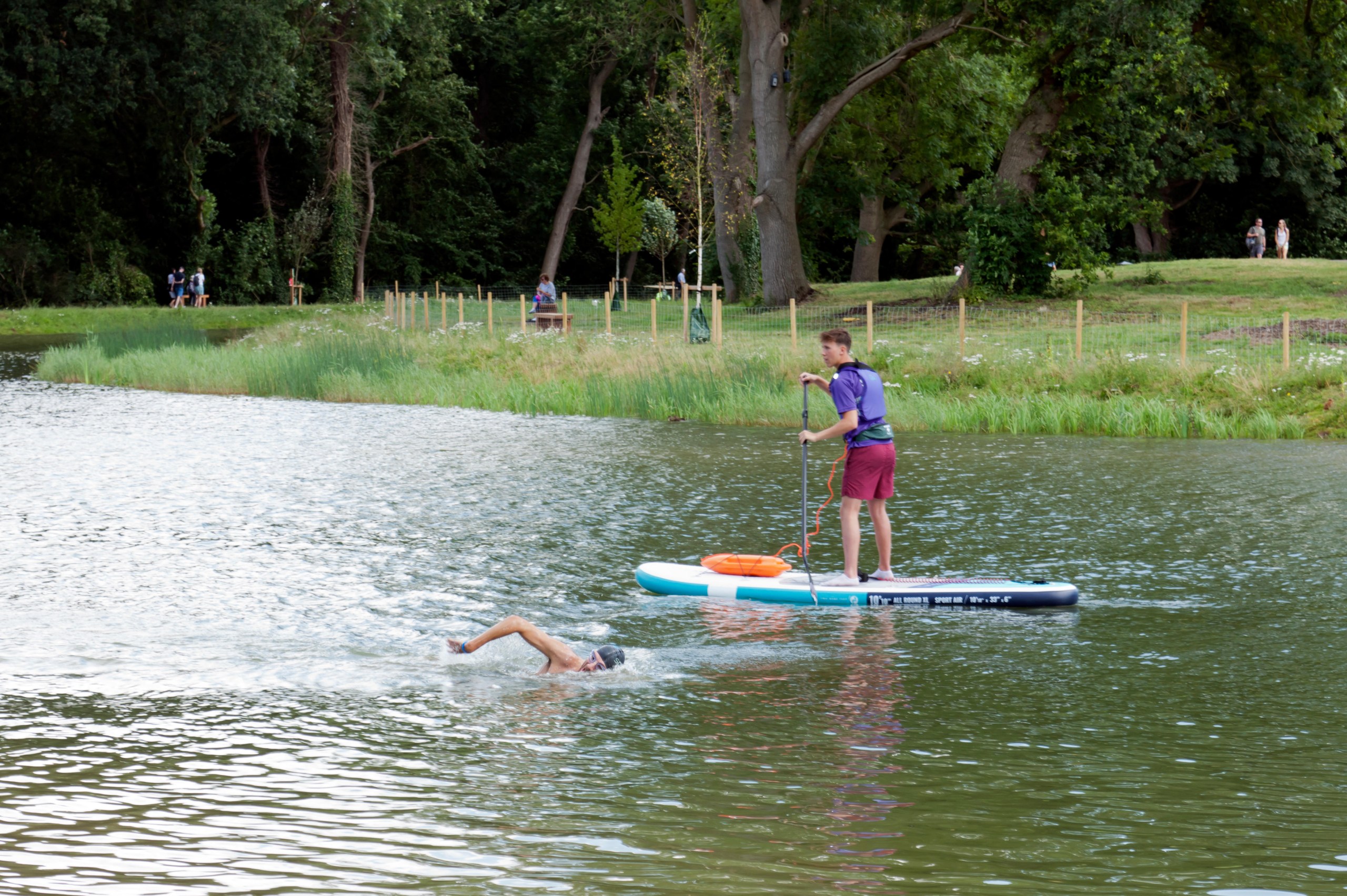 A swimmer and paddleboarder at the wild swimming lake in Beckenham Place Park, one of the best places to keep cool in the London heatwave