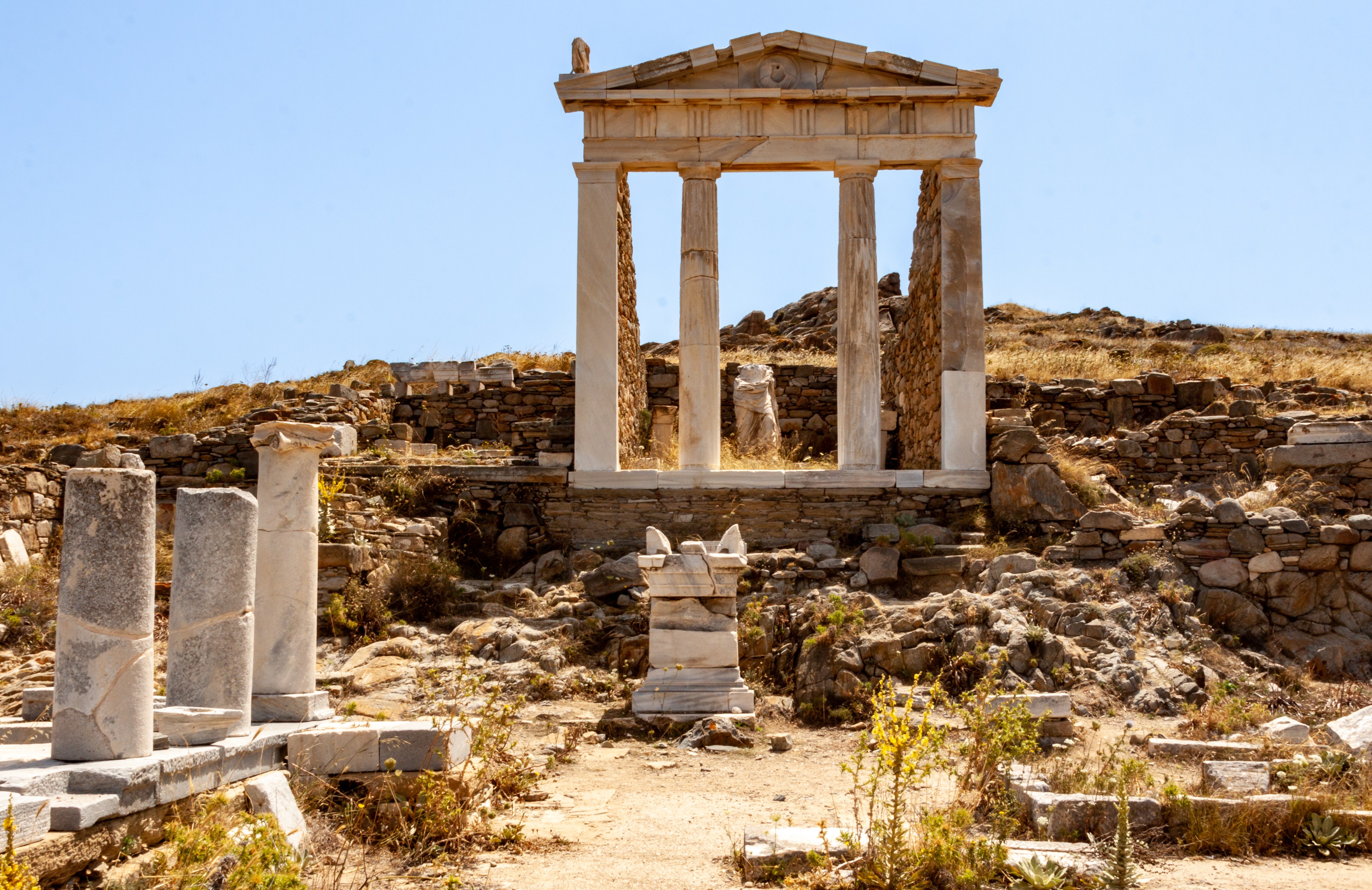 Greek ruins at the Delos archaeological site on Delos Island, Greece.
