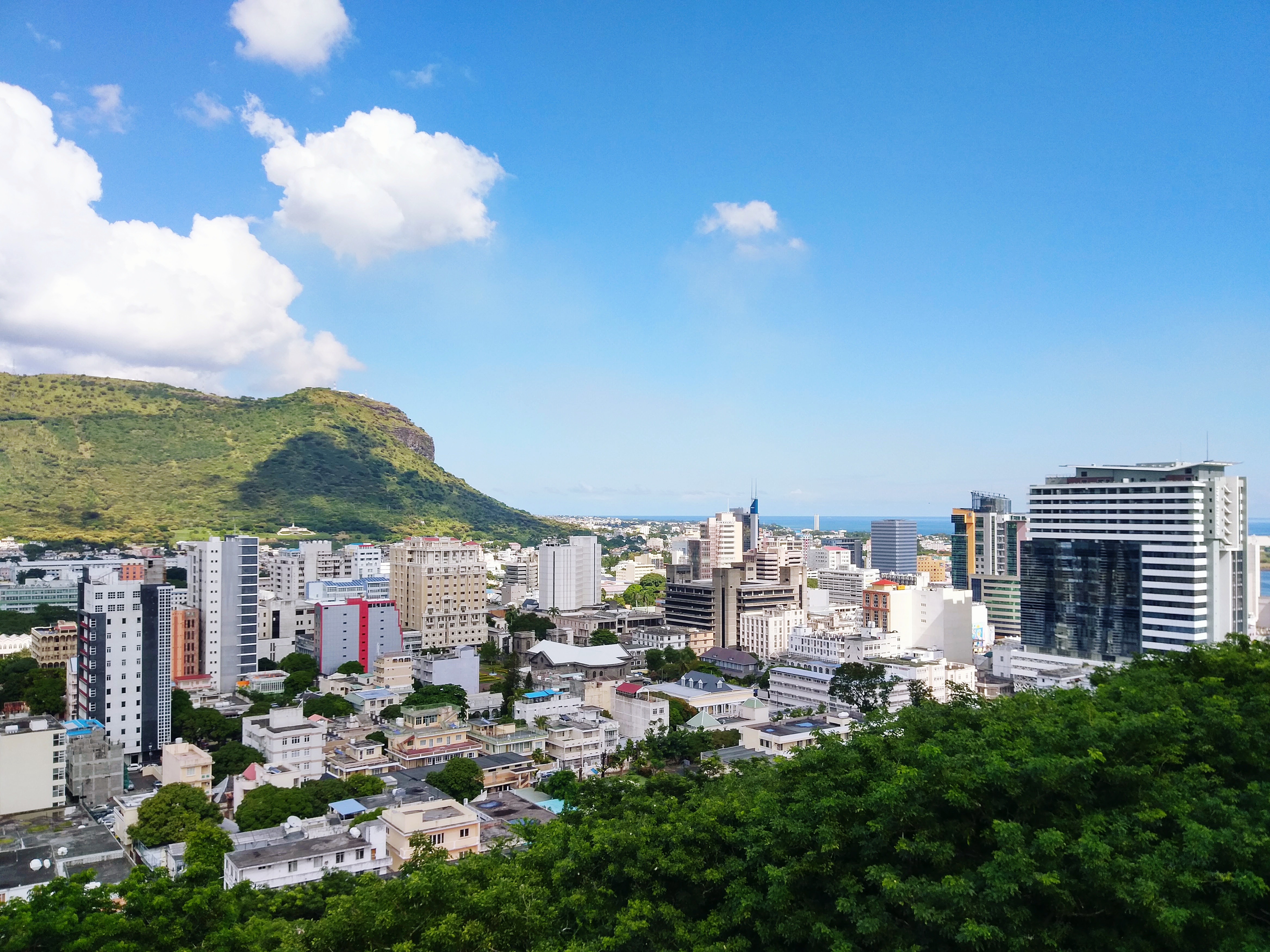 High-angle view of Port Louis, Mauritius cityscape.
