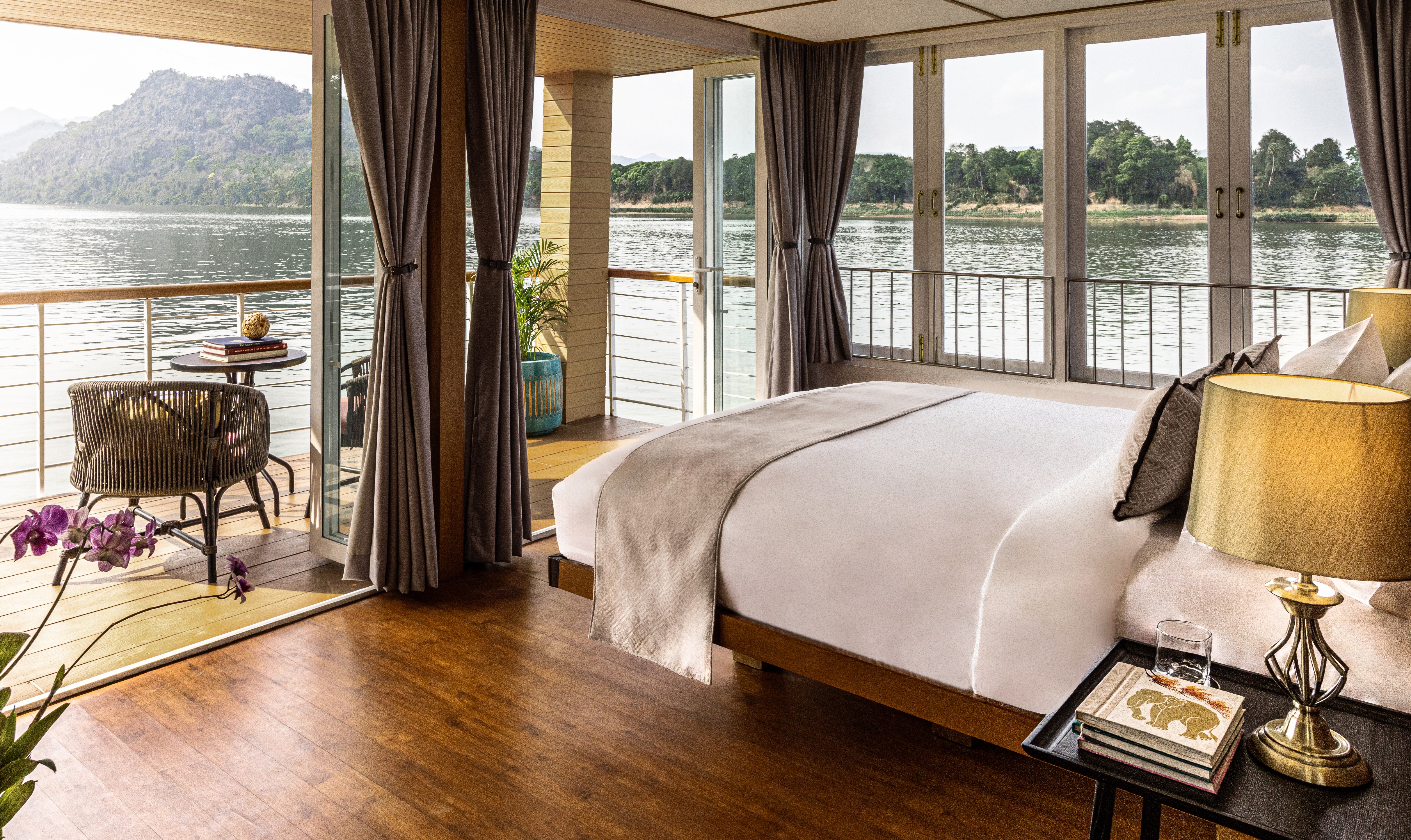 River view from a luxury cabin bedroom.